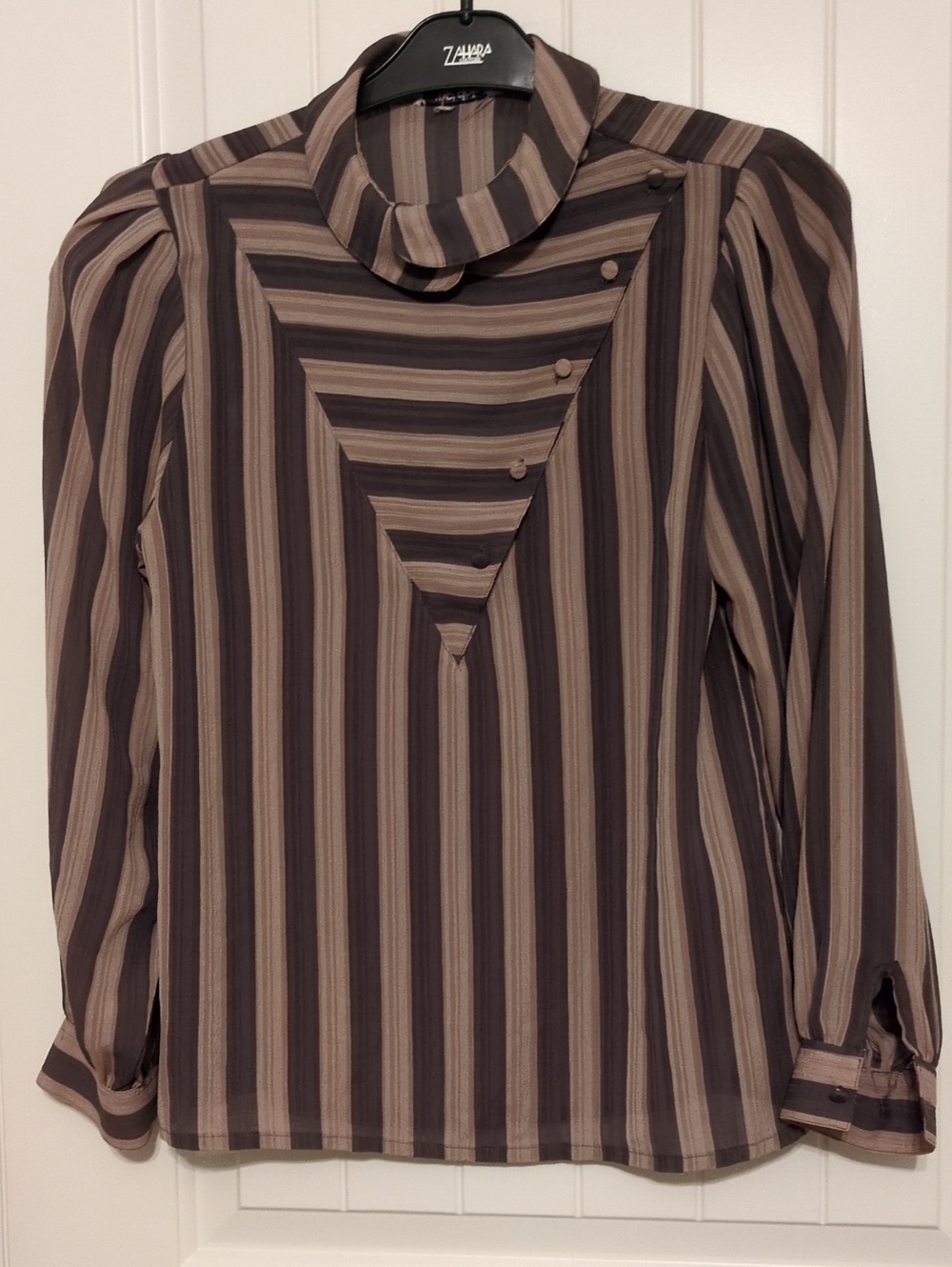 Brown Striped High-Neck Button-Accent Women's Blouse